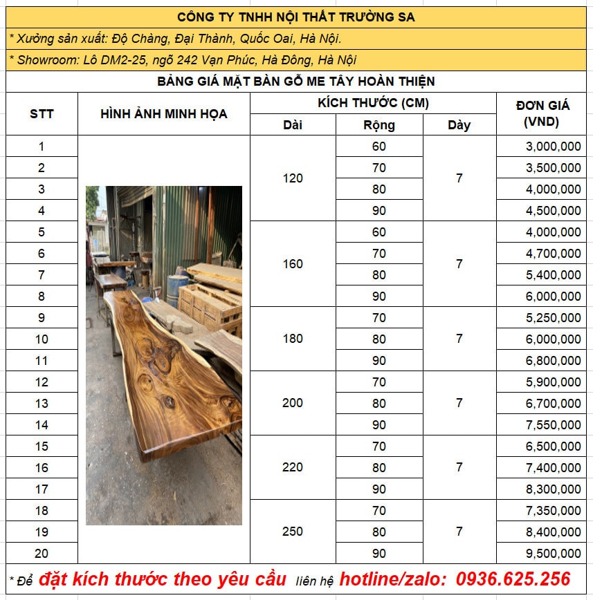 Giá mặt bàn gỗ nguyên khối loại dày 7cm